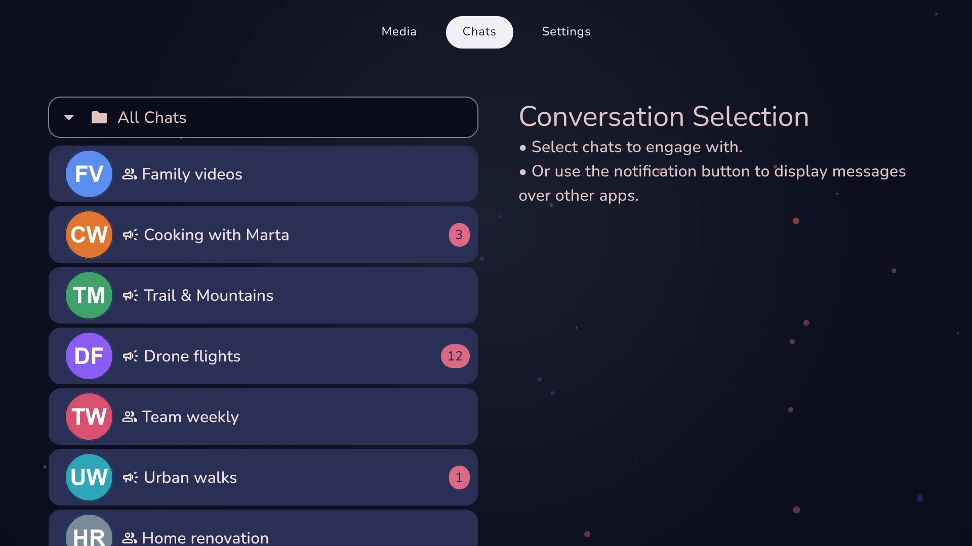 The Chats tab: the list of conversations with unread counts, and the conversation selection panel