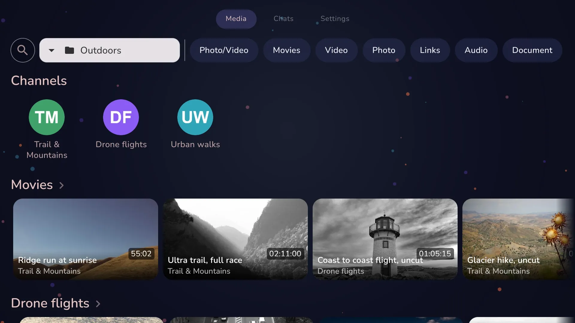The Outdoors folder: its channels as avatars, then Movies and Drone flights rows