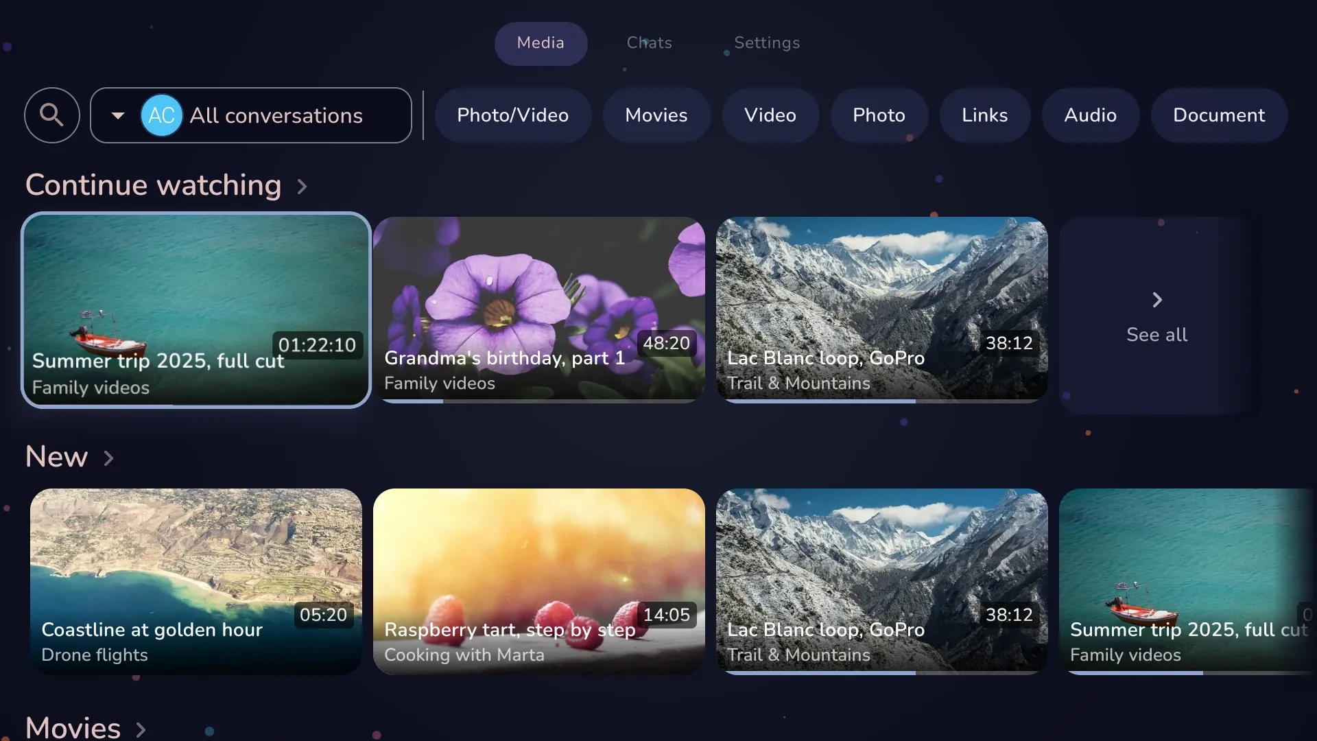 Tevegram library home: Continue watching and New rows of video thumbnails, with type filters at the top